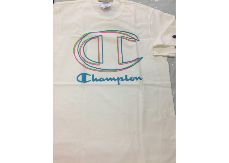 Champion white tee with rainbow big logo